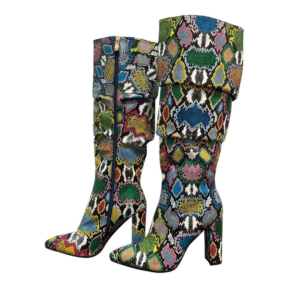 Stunning NWOT WetKiss Rainbow Slouch Faux Snakeskin Knee High Boots Size 11